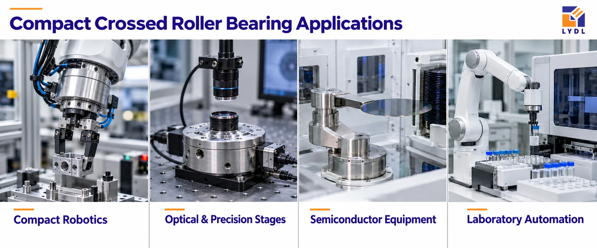 Compact crossed roller bearing applications in robotics, optical positioning, semiconductor equipment and laboratory automation