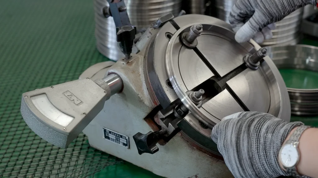 Operator checking a bearing ring with a comparative measuring gauge