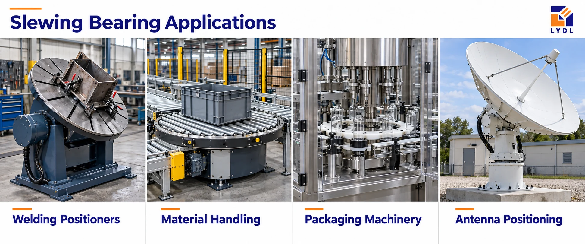 Representative scenes of welding positioning, material handling, rotary packaging and antenna positioning