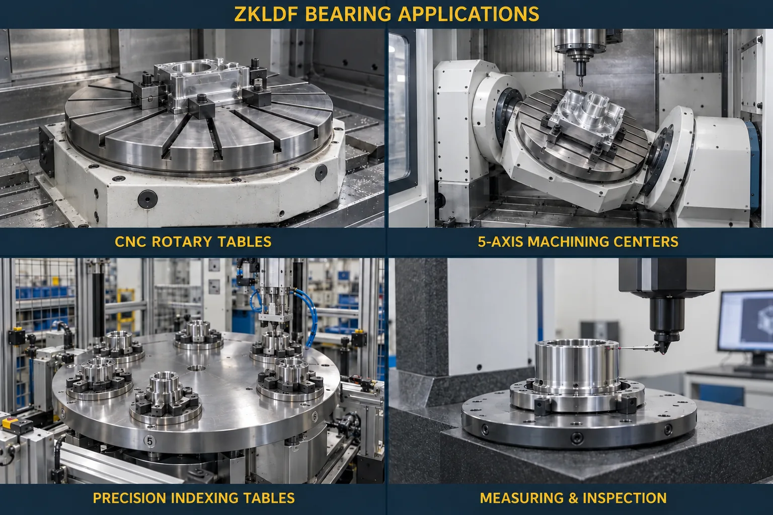 ZKLDF Bearing Applications Illustration of CNC rotary tables, five-axis machining, indexing equipment and measuring applications for ZKLDF selection